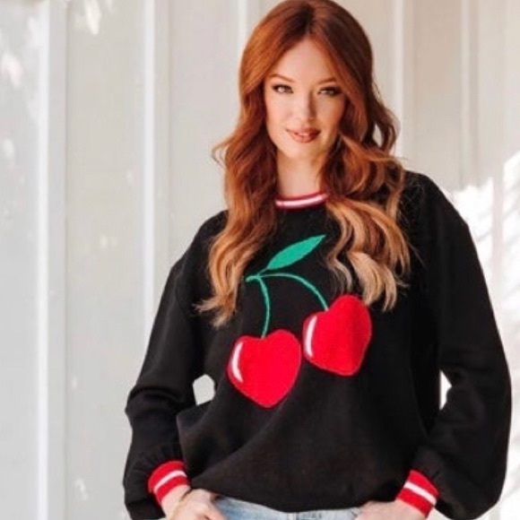 VICI cherry graphic black & red pullover knit crewneck sweater NEW 🎉SALE - Picture 2 of 16